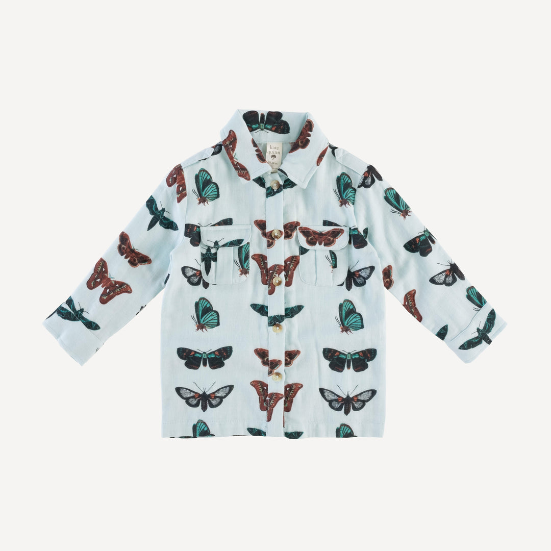 long sleeve military top | turquoise moths | organic cotton gauze