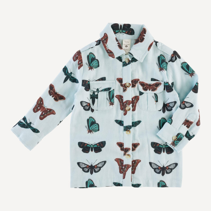 long sleeve military top | turquoise moths | organic cotton gauze