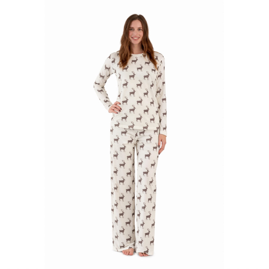 womens long sleeve crew neck pj set | coffee reindeer | organic cotton flat rib