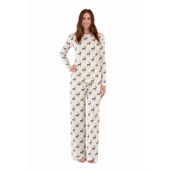 womens long sleeve crew neck pj set | coffee reindeer | organic cotton flat rib