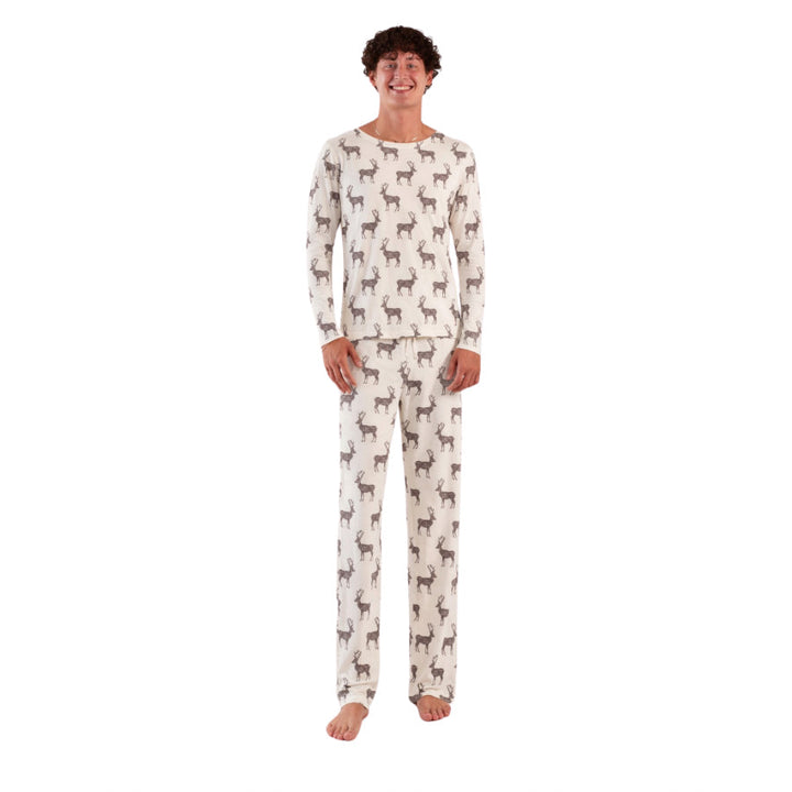 mens long sleeve crew neck pj set | coffee reindeer | organic cotton flat rib