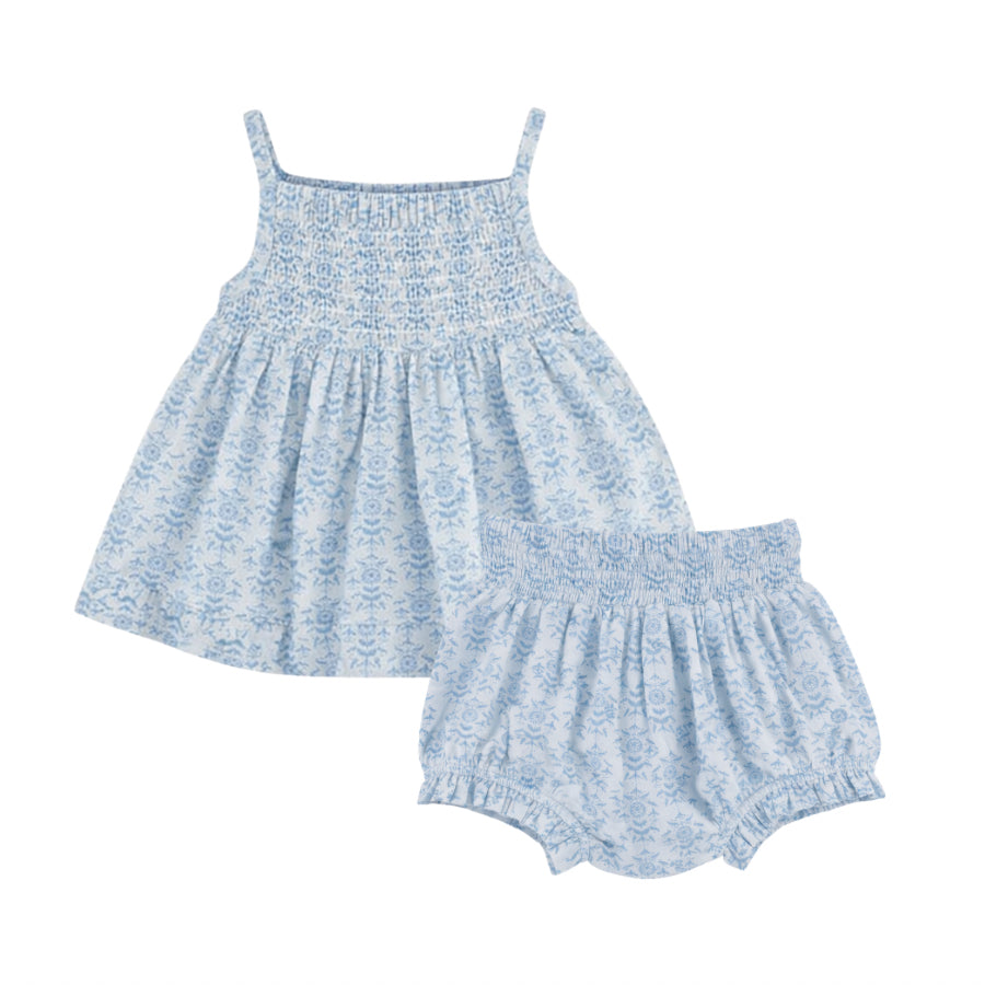 spaghetti strap smocked top + shirred waist bloomer set | cornflower folk wallpaper | organic cotton gauze
