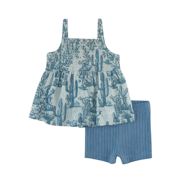 spaghetti strap smocked top + bike short set | blue cactus | organic cotton gauze