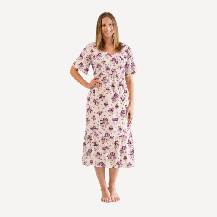 womens flutter sleeve smocked midi dress | sugar plum fairy | organic cotton flat rib