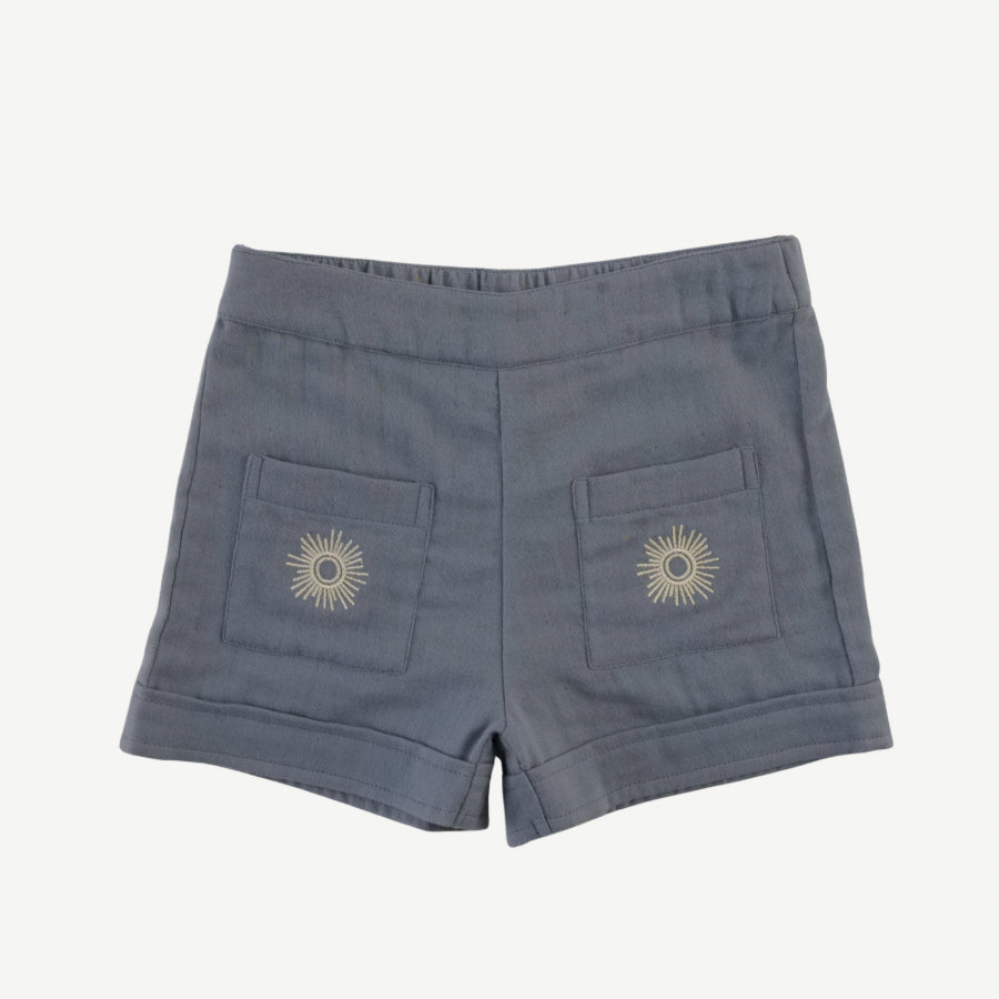 sun embroidered patch pocket short | citadel | organic cotton gauze