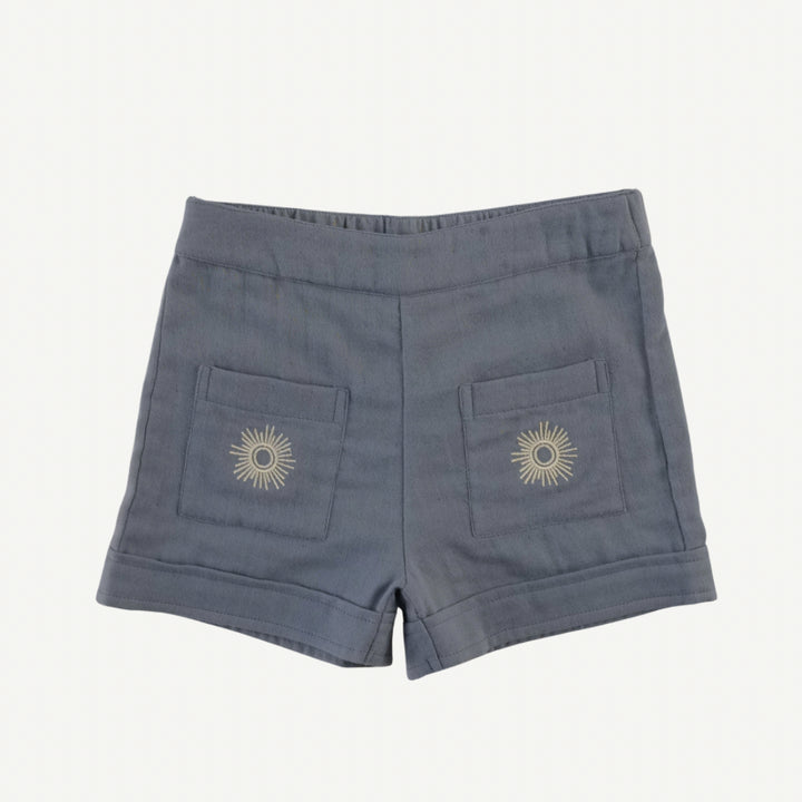sun embroidered patch pocket short | citadel | organic cotton gauze