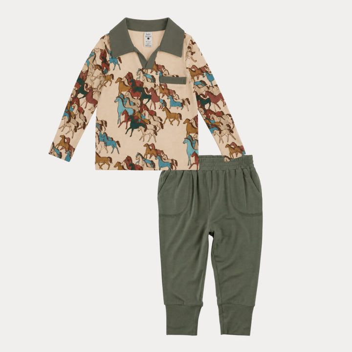 PREORDER long sleeve retro pocket tee + slim sport jogger set | horse party | organic cotton interlock
