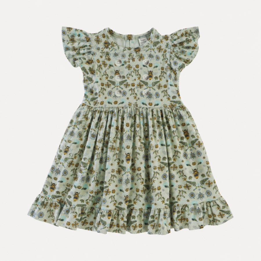 PREORDER flutter sleeve pinafore dress | green litho bee | bamboo
