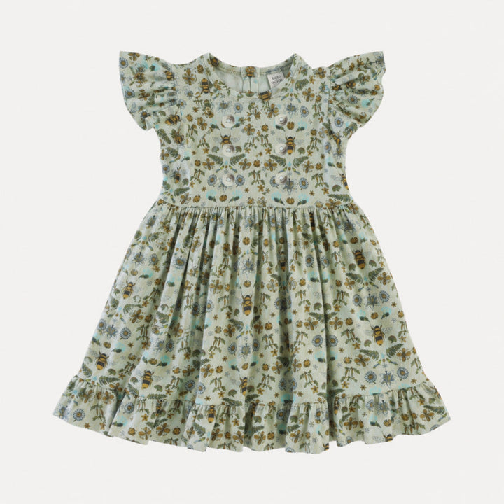 PREORDER flutter sleeve pinafore dress | green litho bee | bamboo