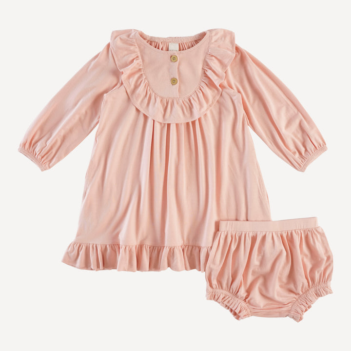 long sleeve ruffle button yoke dress + bloomer set | villa pink | modal