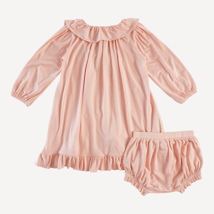 long sleeve ruffle button yoke dress + bloomer set | villa pink | modal