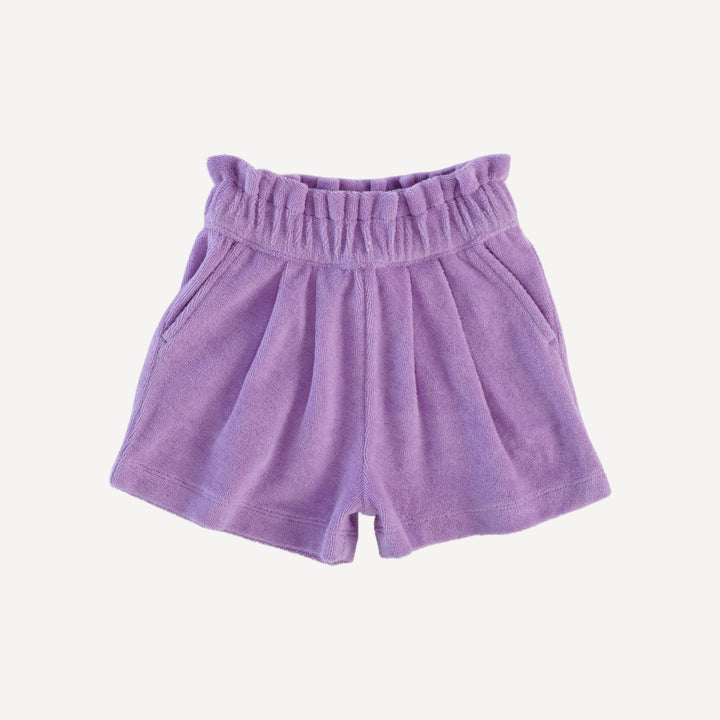 pleated gathered waist short | vivid violet | organic cotton terry
