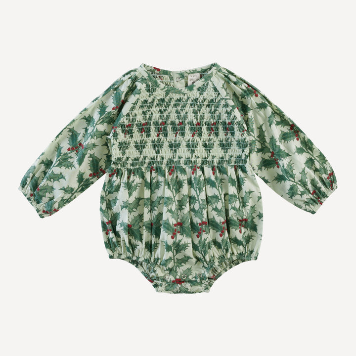 long sleeve puffed smocked bubble | winter holly | organic cotton woven