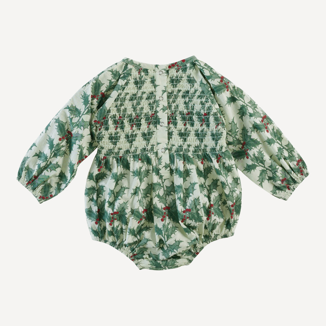 long sleeve puffed smocked bubble | winter holly | organic cotton woven