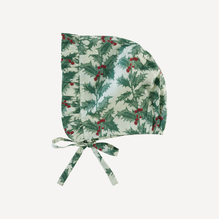 small ruffle bonnet | winter holly | organic cotton woven