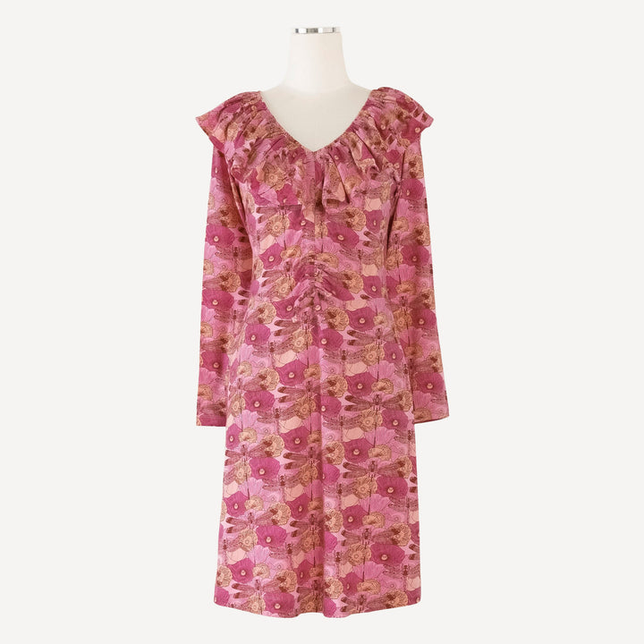 womens long sleeve ruffle dress | hot pink dragonfly | bamboo