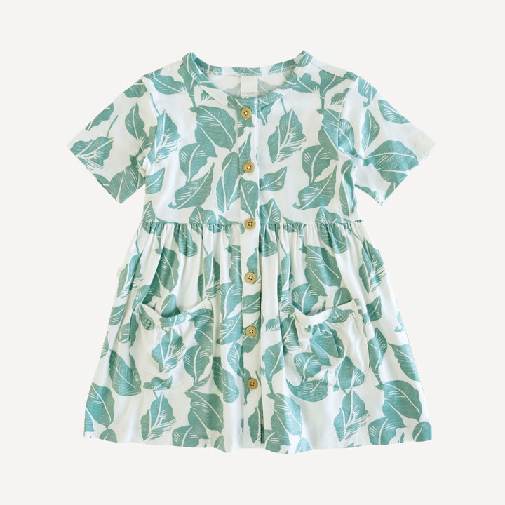 short sleeve button front pocket dress | woods leaf | modal