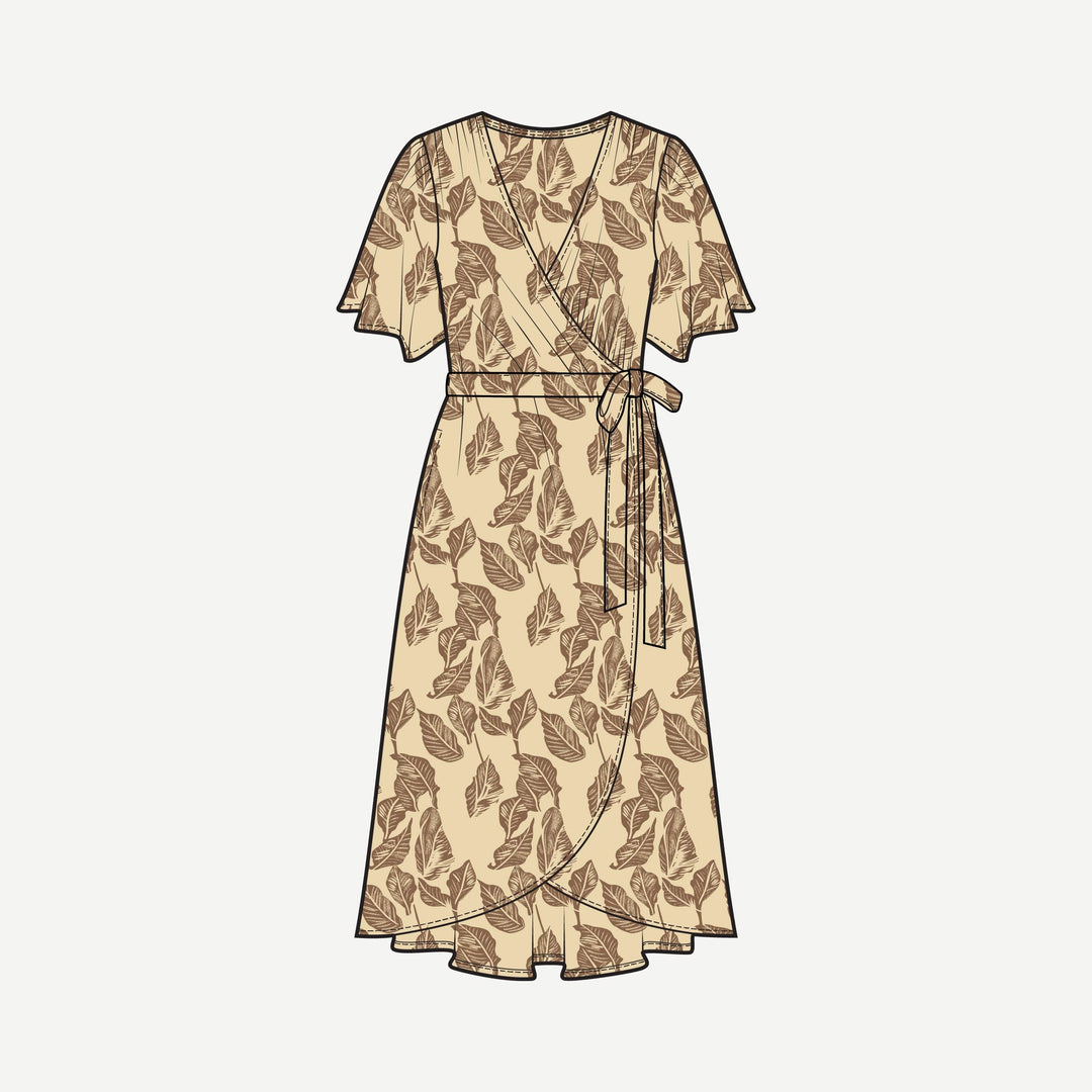 PREORDER womens flutter sleeve wrap dress | porcini leaf | modal