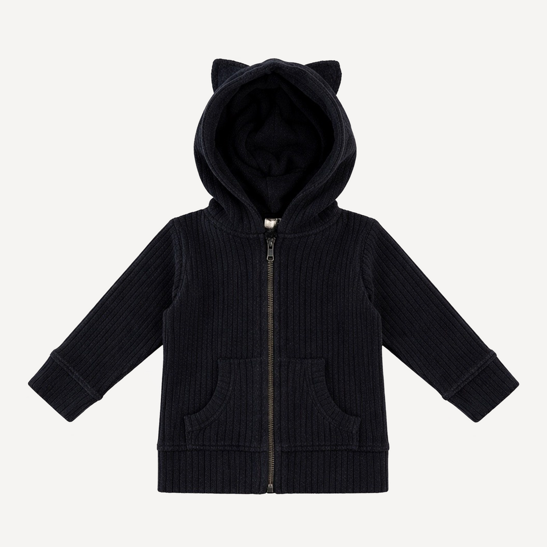long sleeve cat zipper hoodie | black | organic cotton wide rib