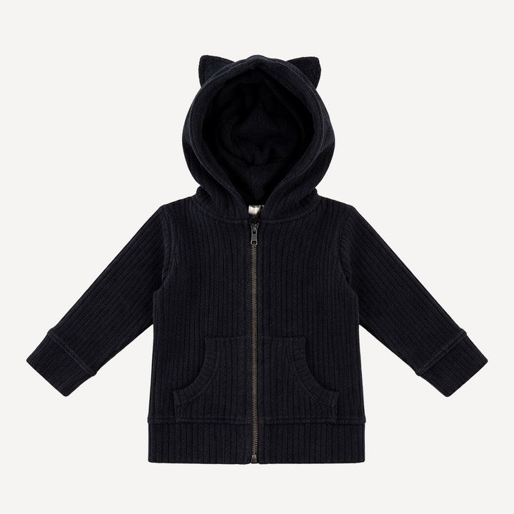 long sleeve cat zipper hoodie | black | organic cotton wide rib