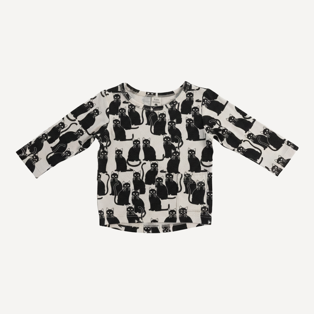long sleeve pocket boxy tee | black cats | organic cotton interlock