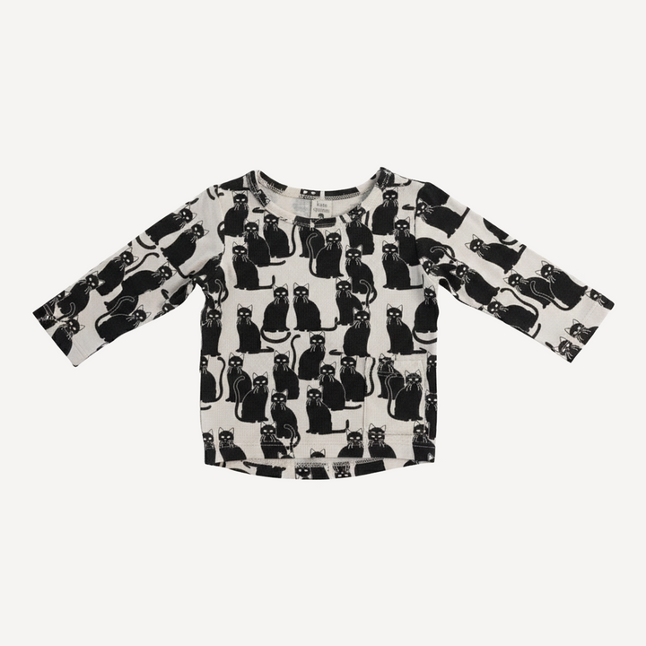 long sleeve pocket boxy tee | black cats | organic cotton interlock