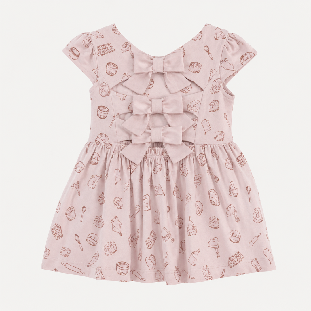 PREORDER cap sleeve back bow dress | pink baking | organic cotton interlock