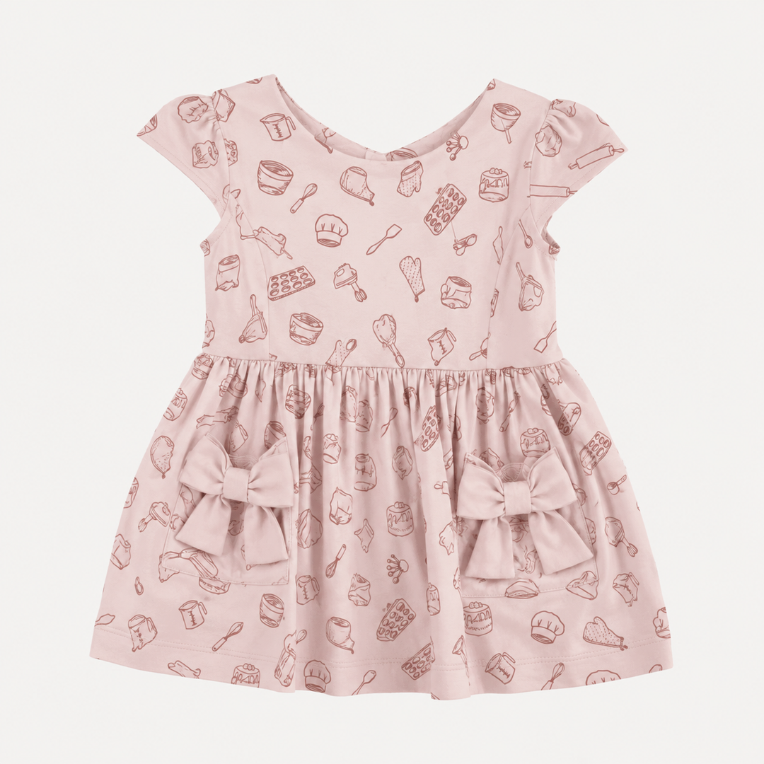 PREORDER cap sleeve back bow dress | pink baking | organic cotton interlock