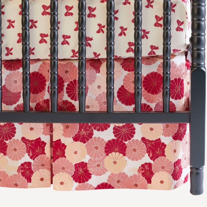 box pleat crib skirt | red vintage daisy | organic cotton woven