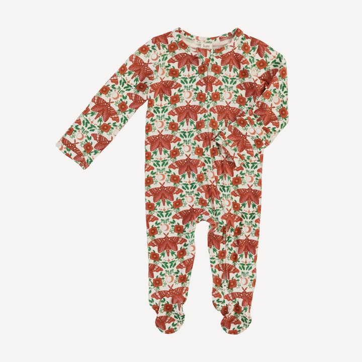 long sleeve two way zipper footie | rust moon moth | bamboo