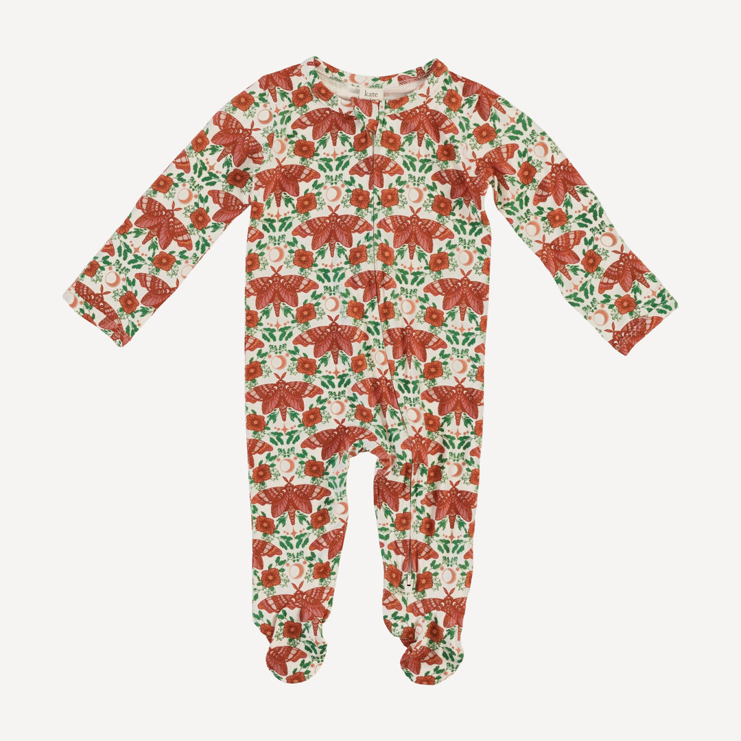 long sleeve two way zipper footie | rust moon moth | bamboo