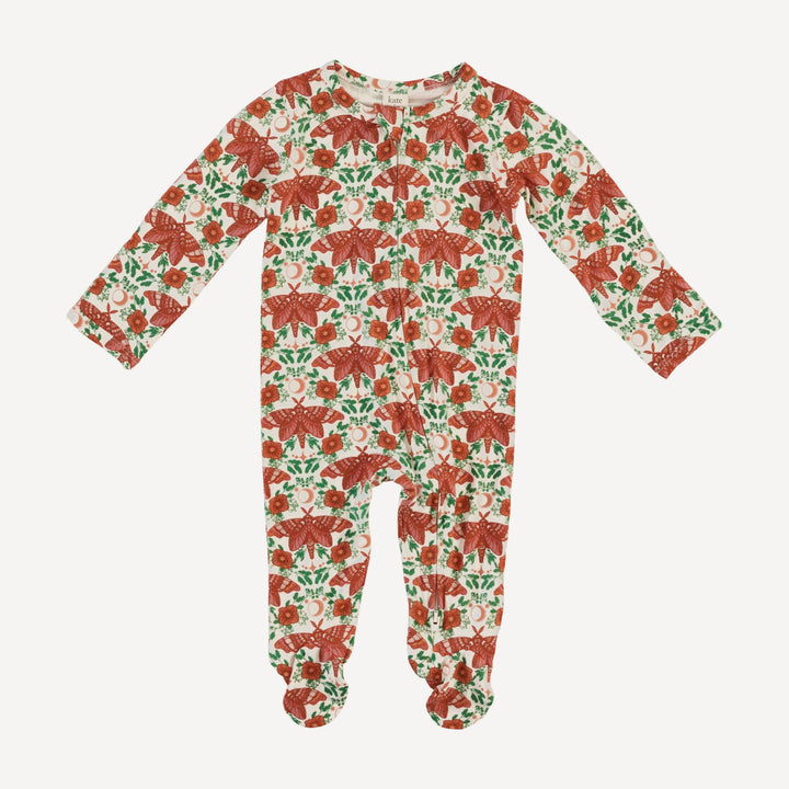 long sleeve two way zipper footie | rust moon moth | bamboo