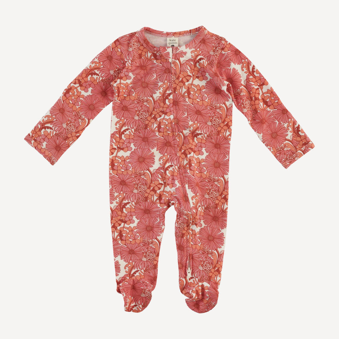 long sleeve two way zipper footie | coral 70s daisy | bamboo