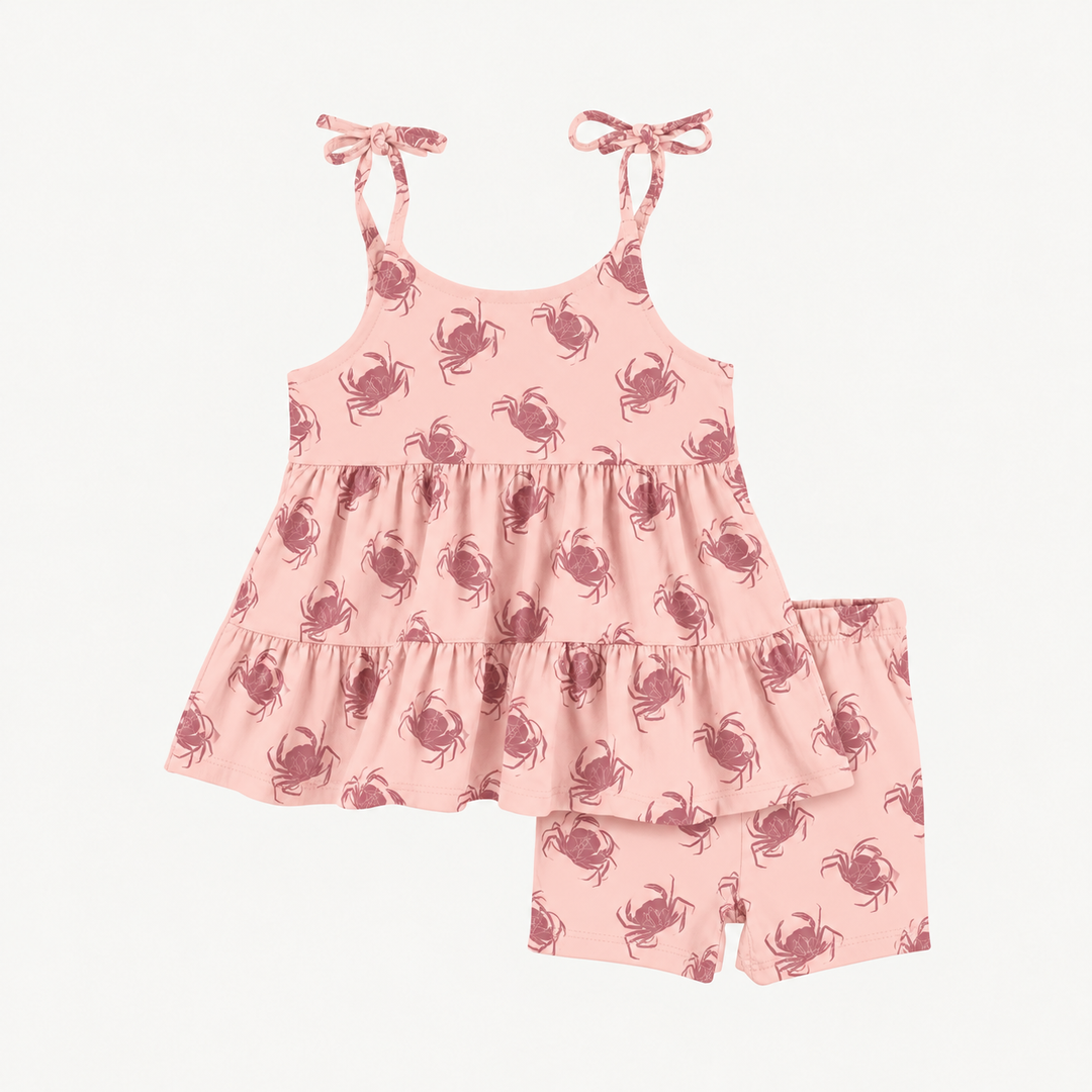 PREORDER spaghetti tie prairie top + bike short set | pink crab | modal