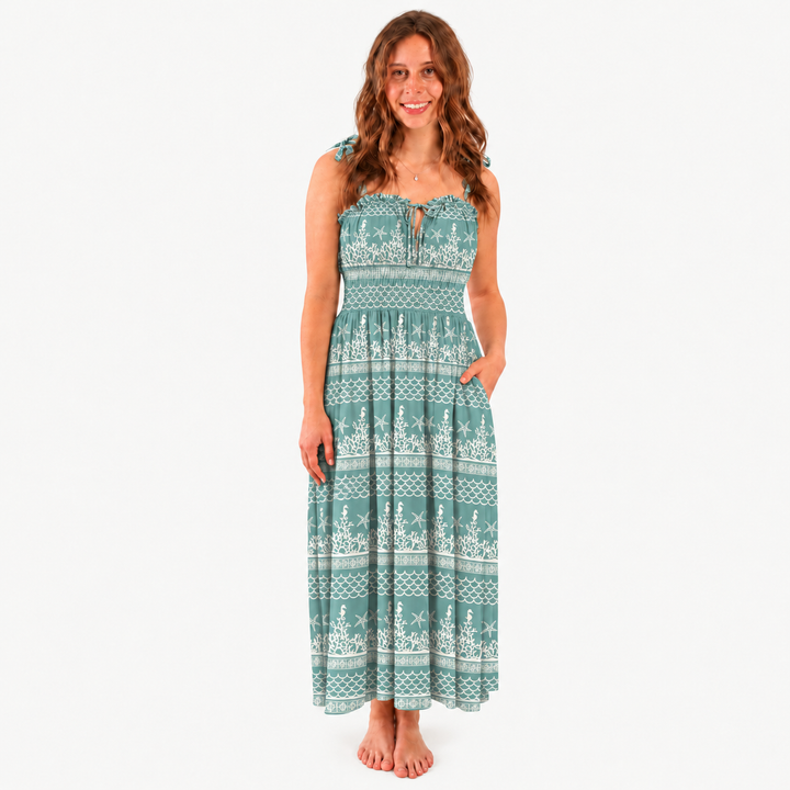 PREORDER womens spaghetti tie winnie dress | coral landscape | modal