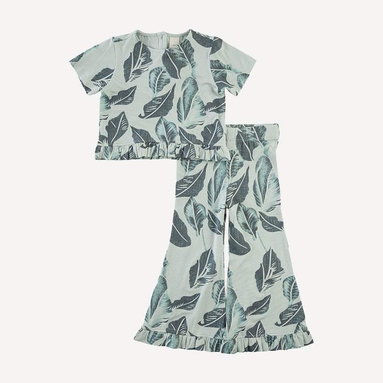 short sleeve cropped ruffle tee + flare set | arctic leaf | modal