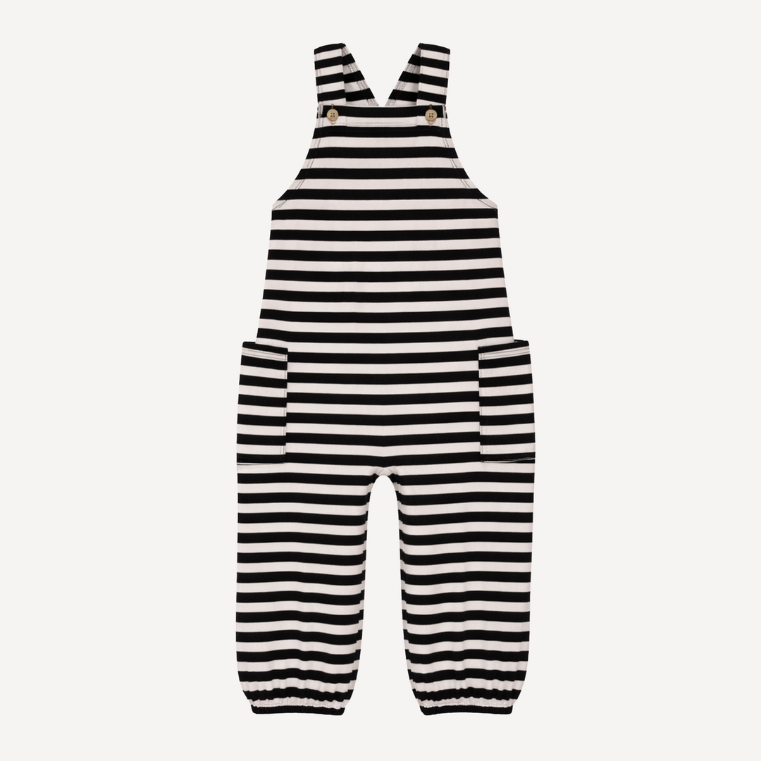 gathered bubble pocket overall | black & white stripes | organic cotton interlock