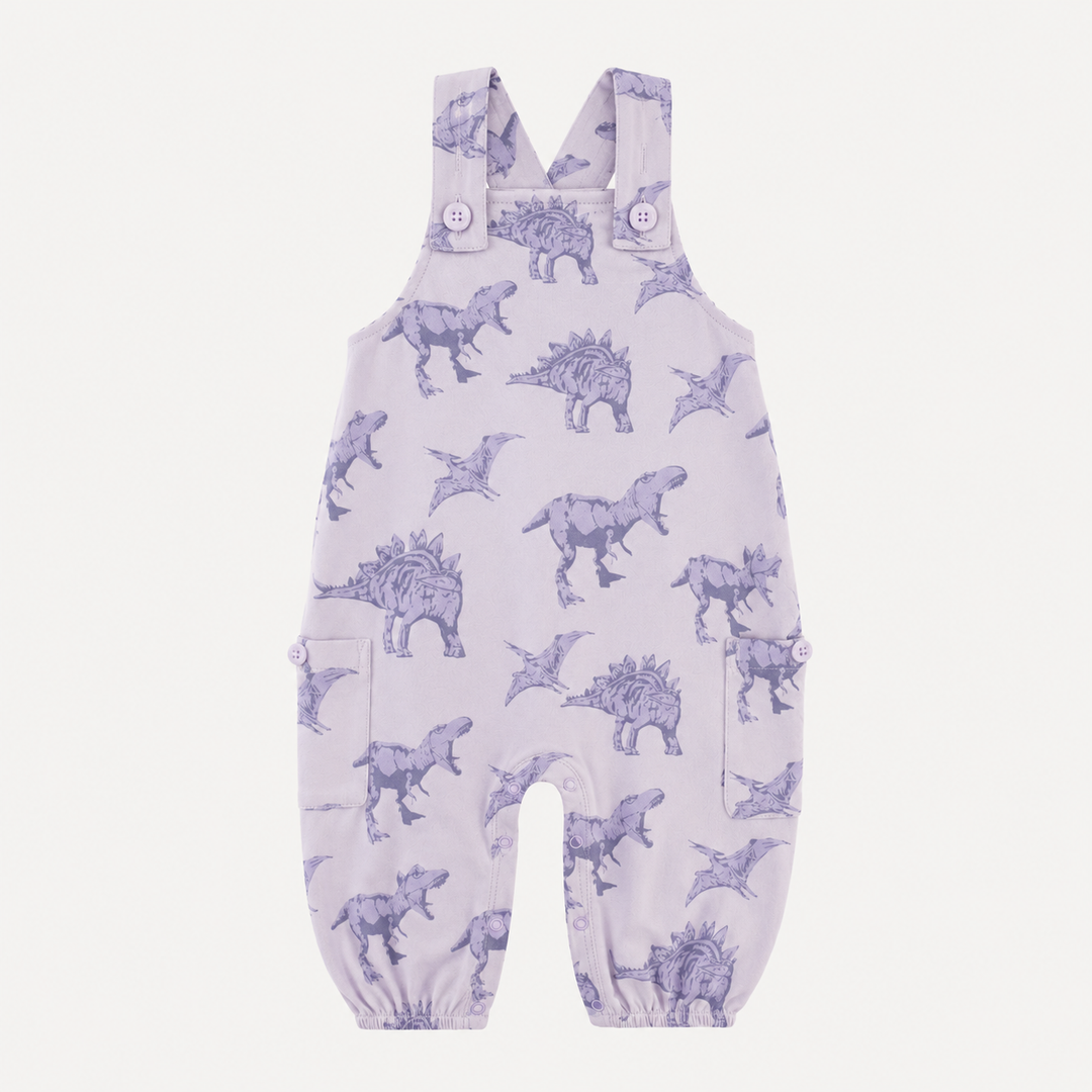PREORDER gathered bubble pocket overall | lavender dinosaur | organic cotton interlock