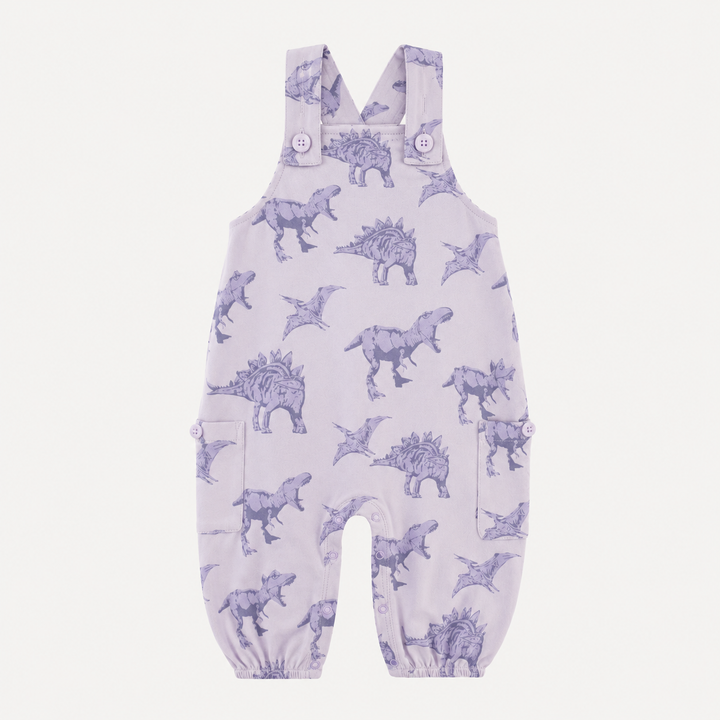 PREORDER gathered bubble pocket overall | lavender dinosaur | organic cotton interlock