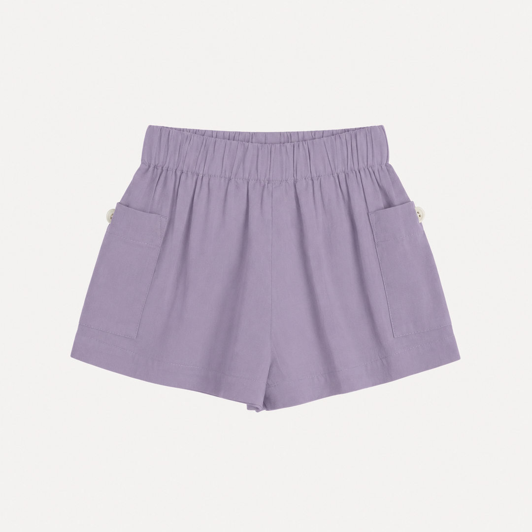PREORDER gathered bubble pocket short | dusty lavender | organic cotton interlock