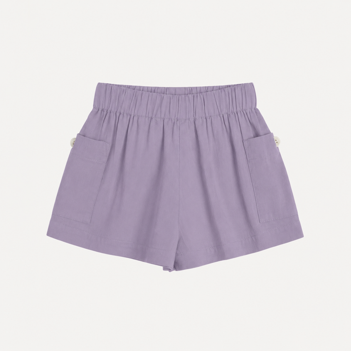 PREORDER gathered bubble pocket short | dusty lavender | organic cotton interlock