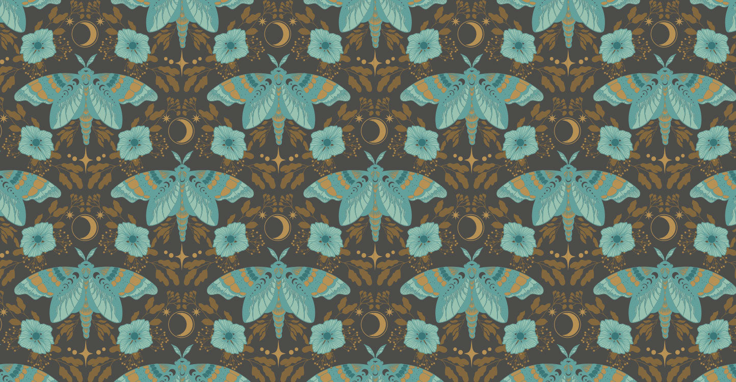 Seamless repeat pattern of teal luna moths with crescent moons and hibiscus-style flowers in mustard gold, set on a dark charcoal background.