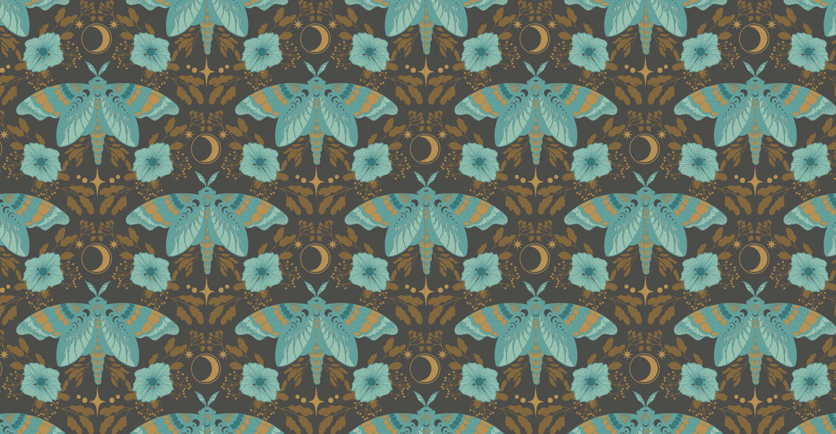 Seamless repeat pattern of teal luna moths with crescent moons and hibiscus-style flowers in mustard gold, set on a dark charcoal background.