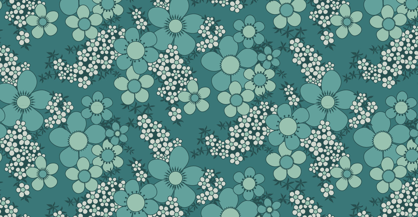 Seamless repeat pattern of retro daisy-style flowers in shades of teal and seafoam, with clusters of small white blossoms, on a deep teal background.