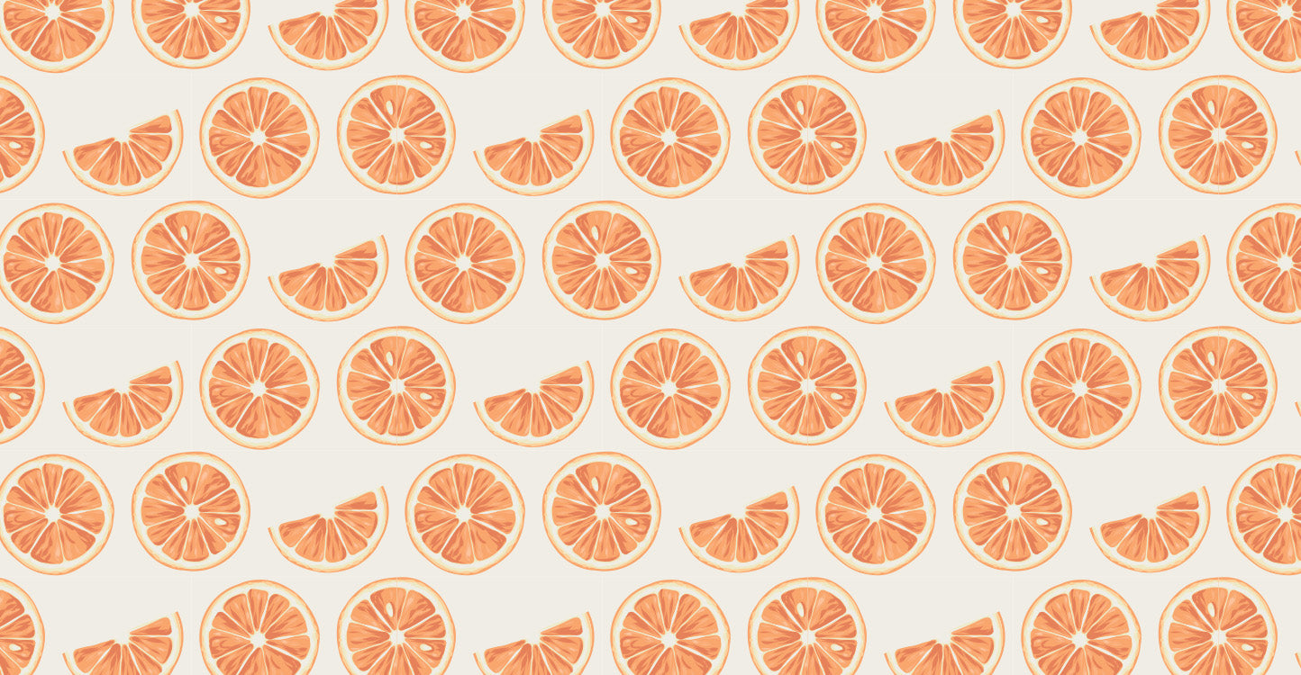 Repeating pattern of orange slice rounds and wedges in shades of orange, illustrated on a cream background.