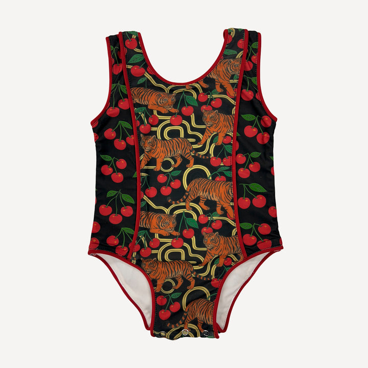 retro piped suit | tiger + cherries | swim