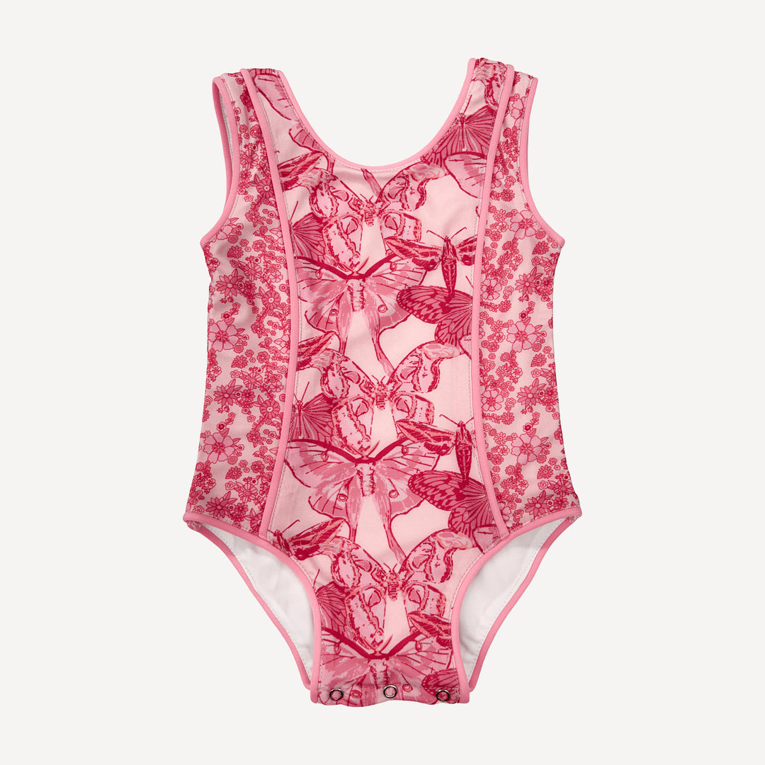 retro piped suit | pink moth wallpaper | swim