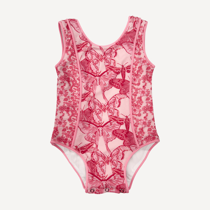 retro piped suit | pink moth wallpaper | swim