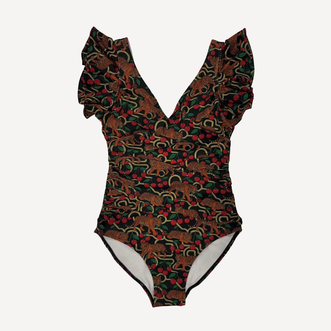 womens flutter sleeve one piece swimsuit | tiger + cherries | swim