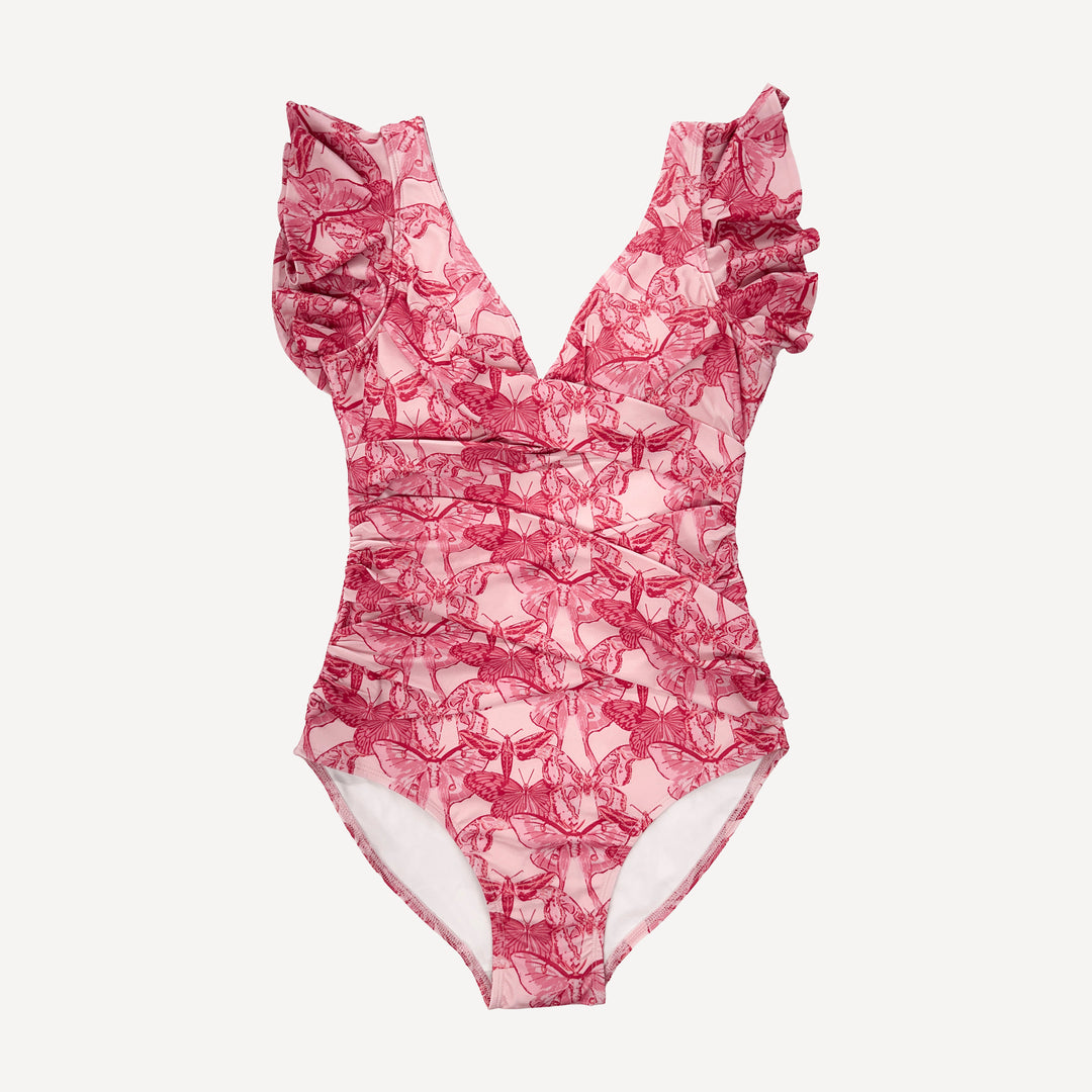 womens flutter sleeve one piece swimsuit | pink moth wallpaper | swim